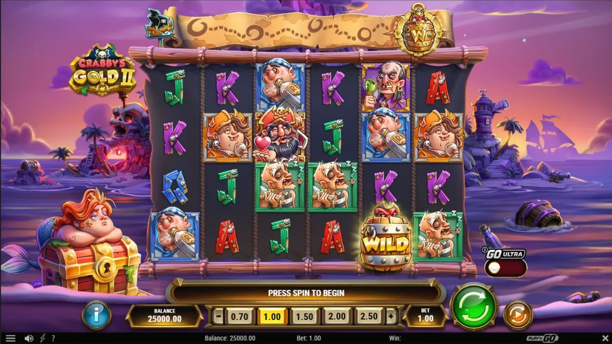 Tampilan visual slot Crabby’s Gold 2 dengan tema bajak laut dan harta karun