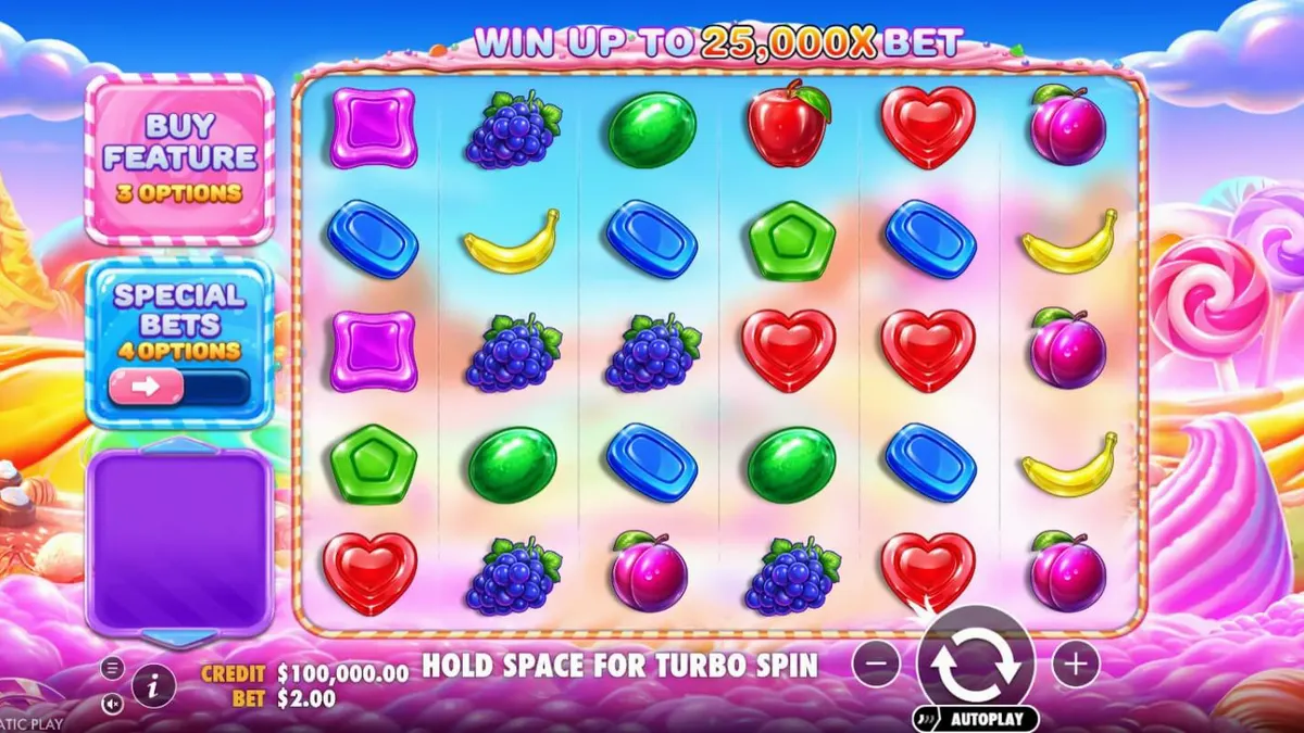 Tampilan visual cerah dan penuh warna dari slot Sweet Bonanza 2500 dengan simbol permen dan buah-buahan.