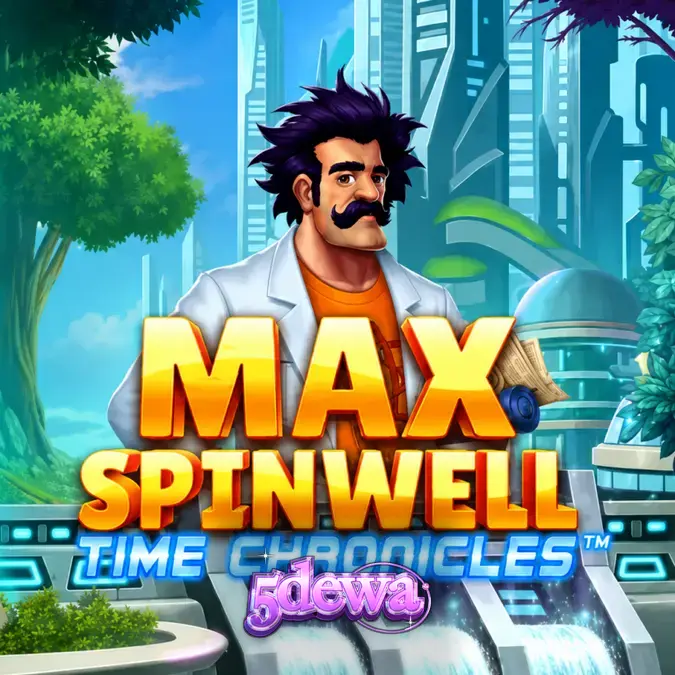 Tampilan layar permainan slot Max Spinwell: Time Chronicles dengan karakter utama di tengah latar belakang yang berubah-ubah seiring waktu.